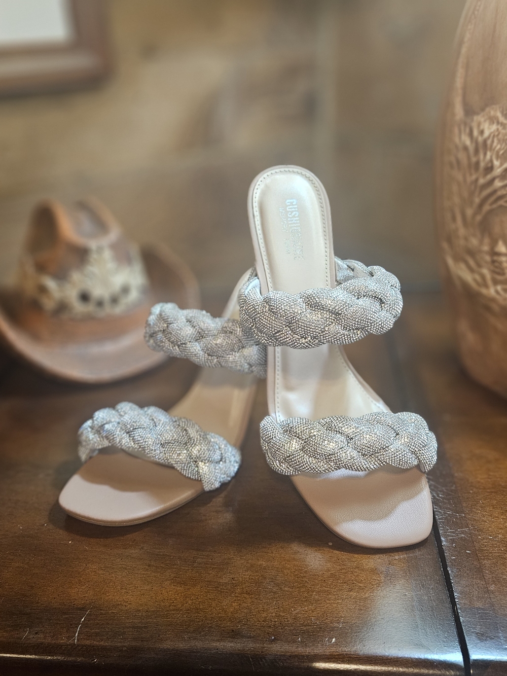 Braided Metallic Slide Heels in Silver